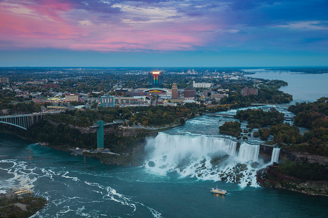 View of Rainbow Bridge and The American Falls, Niagara Falls, Niagara, border of New York State, and Ontario Canada, North America