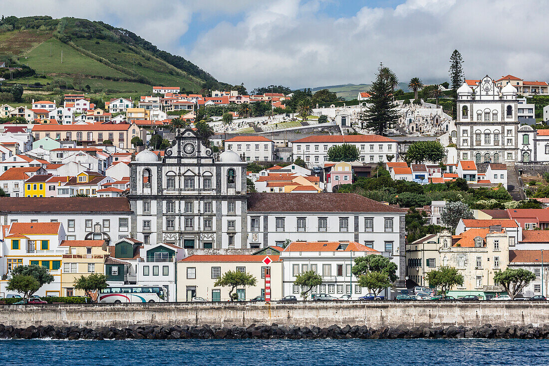 Waterfront view of the city of Horta, Faial Island, Azores, Portugal, Atlantic, Europe