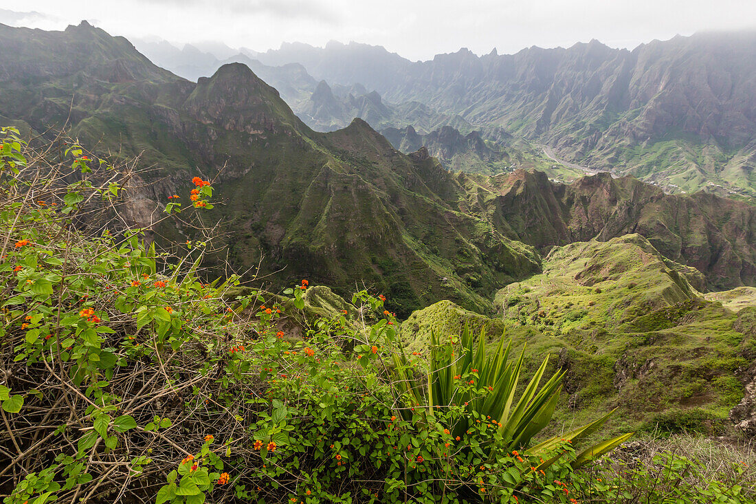 A view of the volcanic mountains surrounding Cova de Paul on Santo Antao Island, Cape Verde, Africa