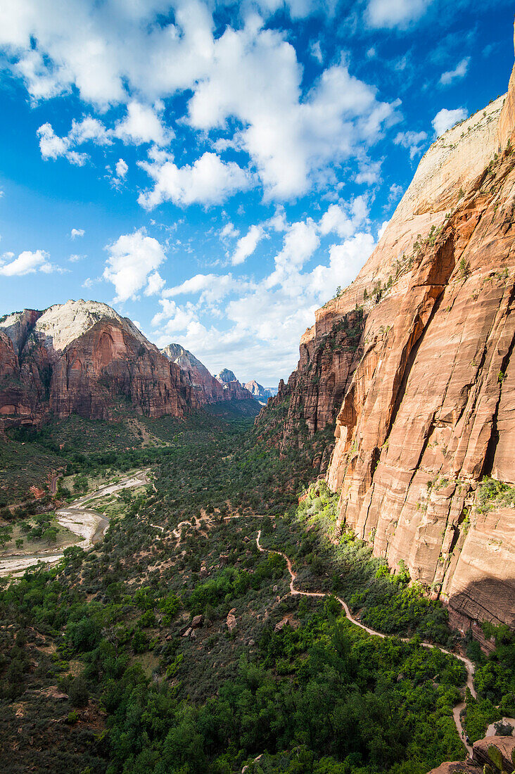 View over the cliffs of the Zion National Park and the Angel's Landing path, Zion National Park, Utah, United States of America, North America