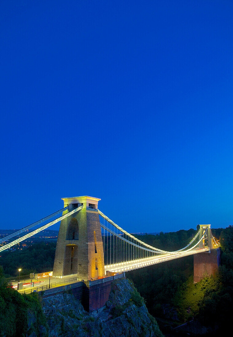 Clifton Suspension Bridge lit up at twilight, Bristol, England, United Kingdom, Europe