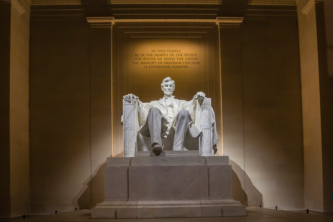 Interior of the Lincoln Memorial lit up at night, Washington D.C., United States of America, North America