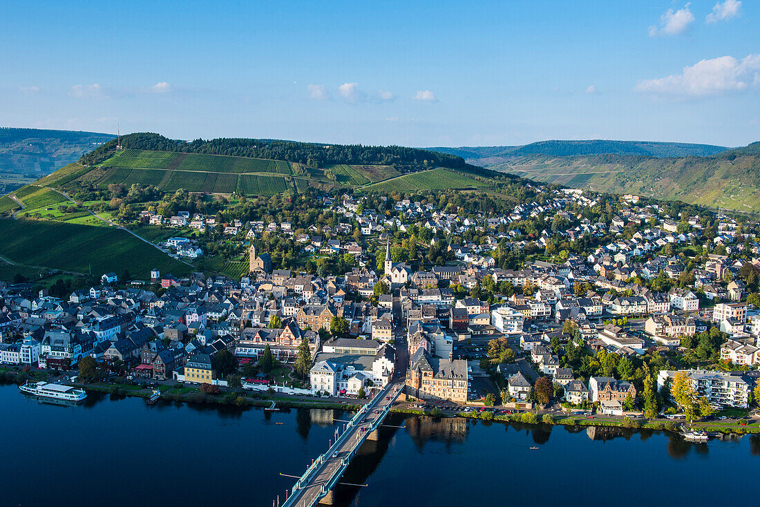 View over Traben-Trabach and the Moselle River, Moselle Valley, Rhineland-Palatinate, Germany, Europe