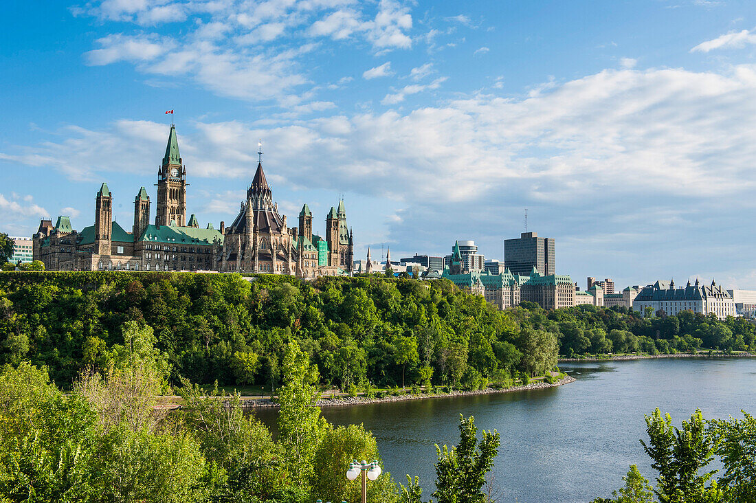 View over Ottawa with its Parliament Centre Block from Nepean Point, Ottawa Ontario, Canada, North America