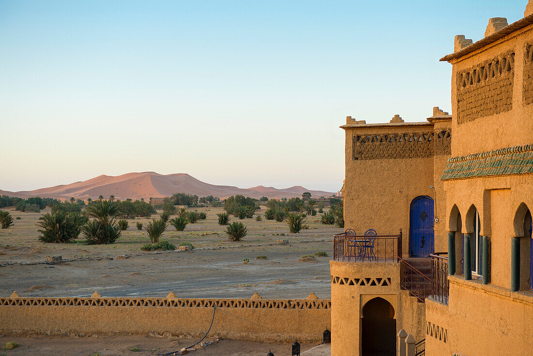 hotel and sand dunes, Merzouga, Erg Chebbi, Sahara Desert, Morocco, Africa