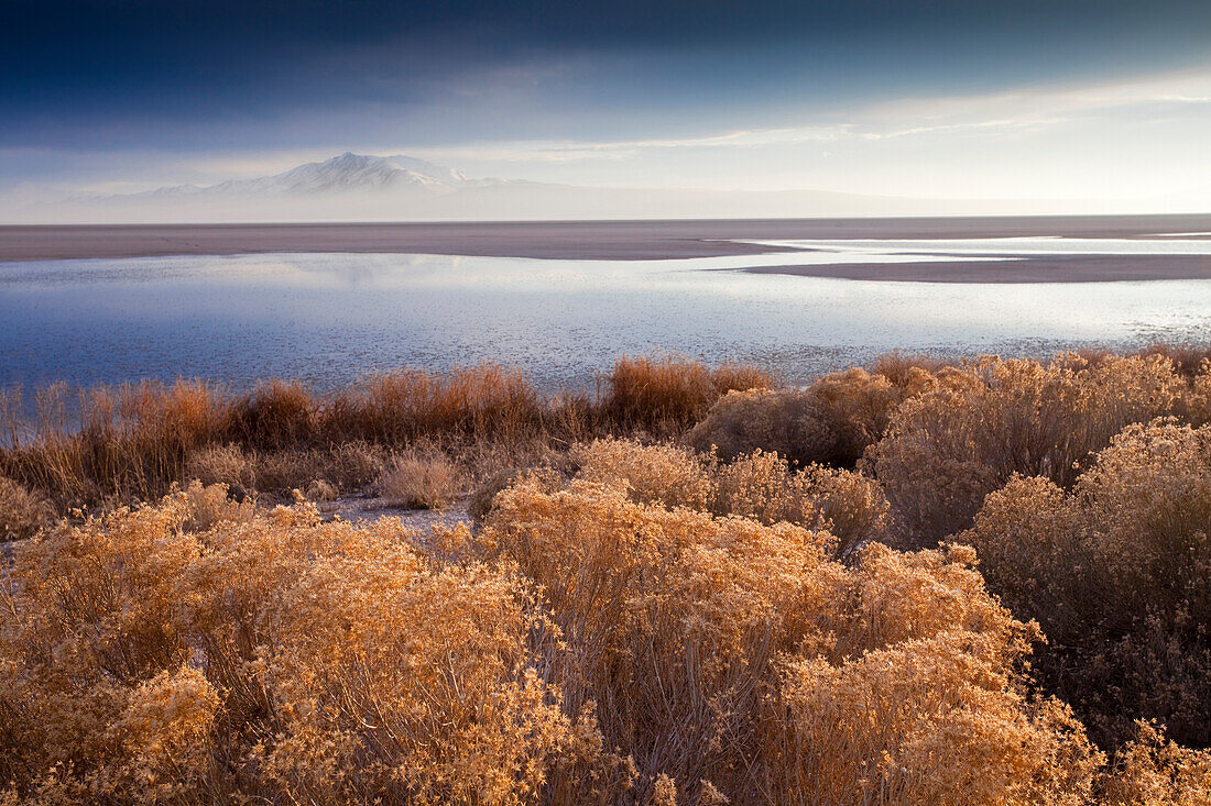 Antelope Island is seen in the distance over the Great Salt Lake, Utah.