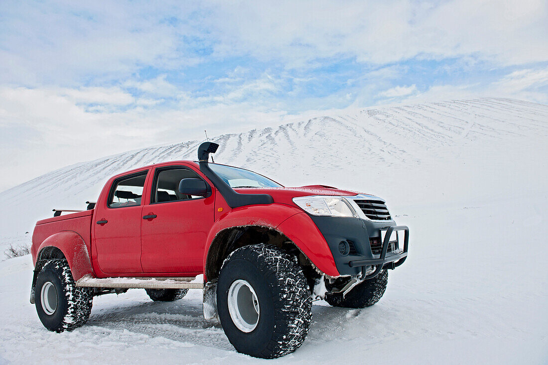 customised Icelandic 4x4 pick up truck parked at the Volcano Hverfjall