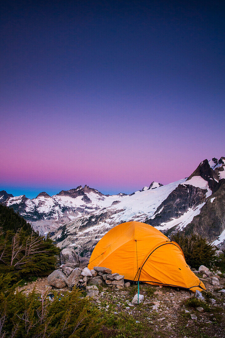 Tent at dusk, White Rock Lakes along the Ptarmigan Traverse, North Cascades, Washington