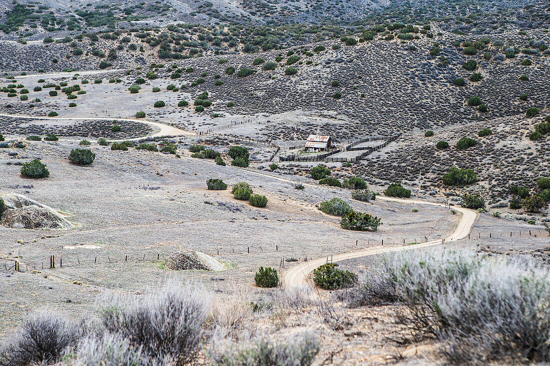 Elevated view of an old deserted ranch in Carrizo Plain National Monument, the largest single native grassland remaining in California.