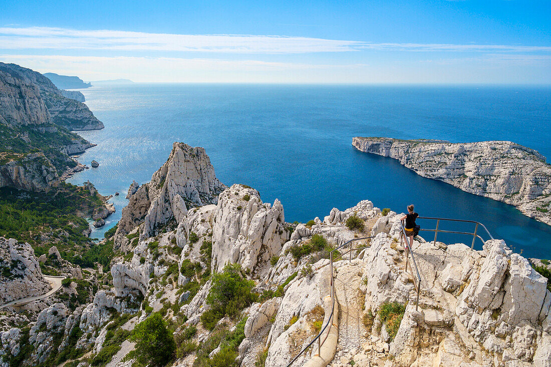 High angle view of rugged Mediterranean landscape at Calanque de Sugiton, Parc National des Calanques, Provence-Alpes-Côte d'Azur, Bouches-du-Rhône, France