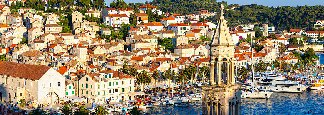 Elevated view over the picturesque harbour town of Hvar, Hvar, Dalmatia, Croatia, Europe