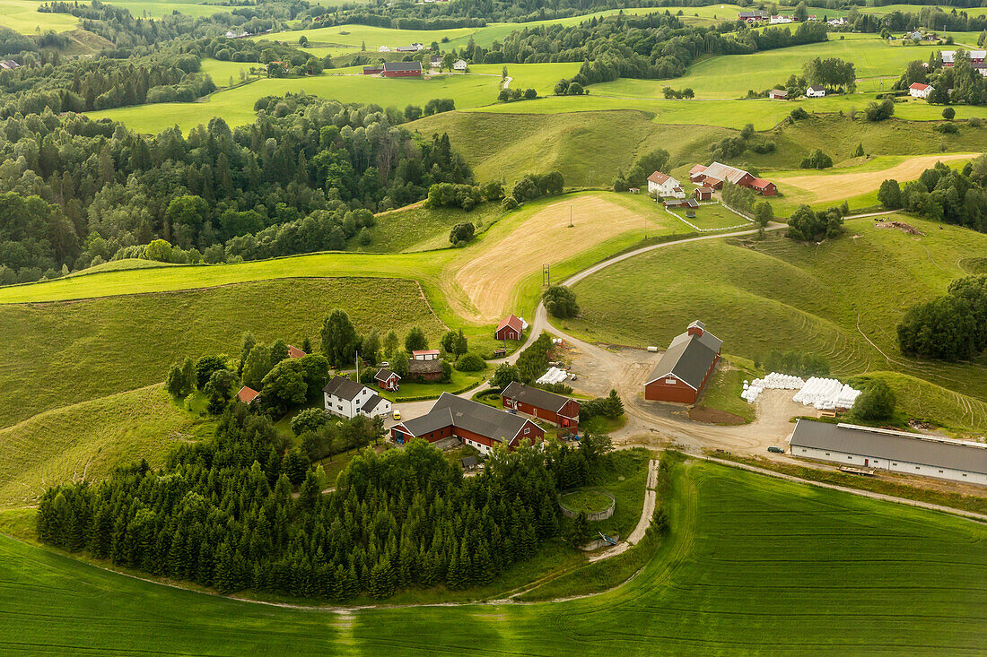 Aerial view of farmland surrounding Oslo taken on a commercial flight to Oslo, Norway, Scandinavia, Europe