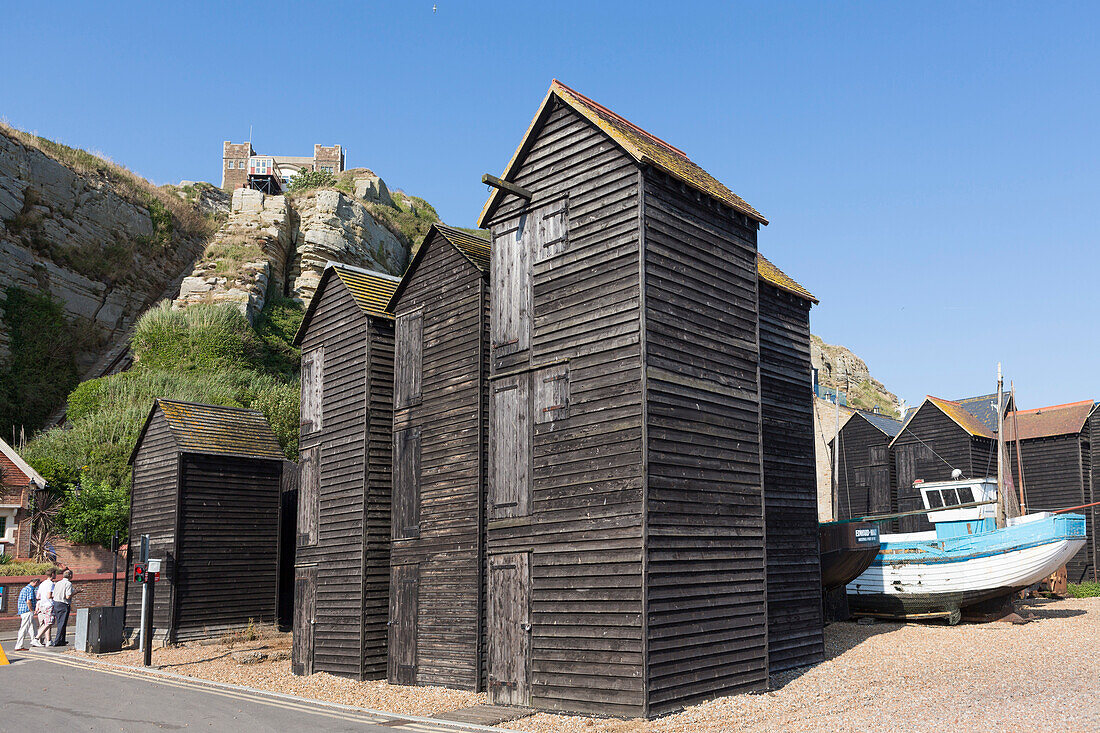 The Stade, net huts (net shops) and funicular railway in the centre of Old Town, Hastings, East Sussex, England, United Kingdom, Europe