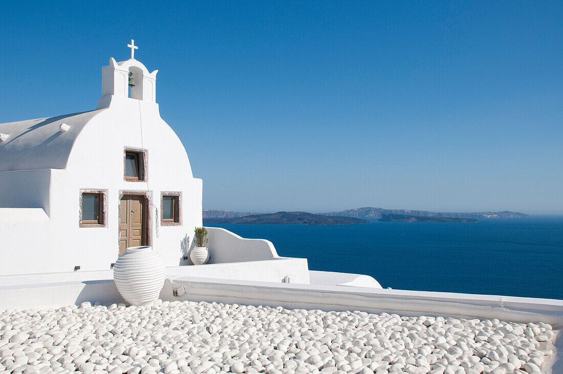 A white washed church in Oia, Santorini, The Cyclades, Greek Islands, Greece, Europe
