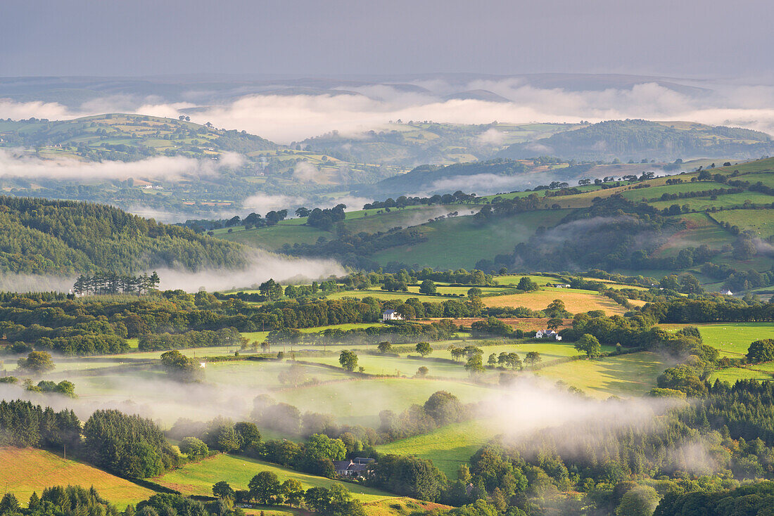 Mist covered rolling countryside at dawn, Brecon Beacons, Wales, United Kingdom, Europe