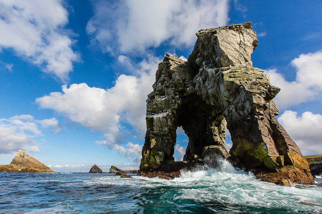 Rock formation known as Gada's Stack on Foula Island, Shetlands, Scotland, United Kingdom, Europe