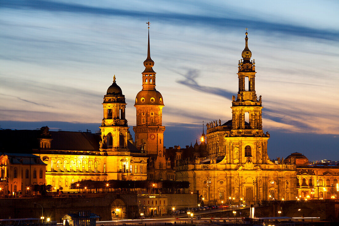 View of the Historic Centre of Dresden at night, Saxony, Germany, Europe