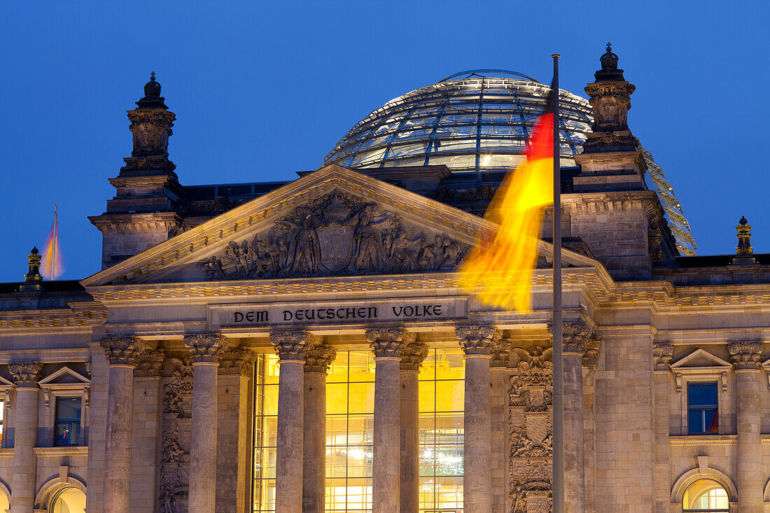 Close-up of the Reichstag at night, Berlin, Germany, Europe