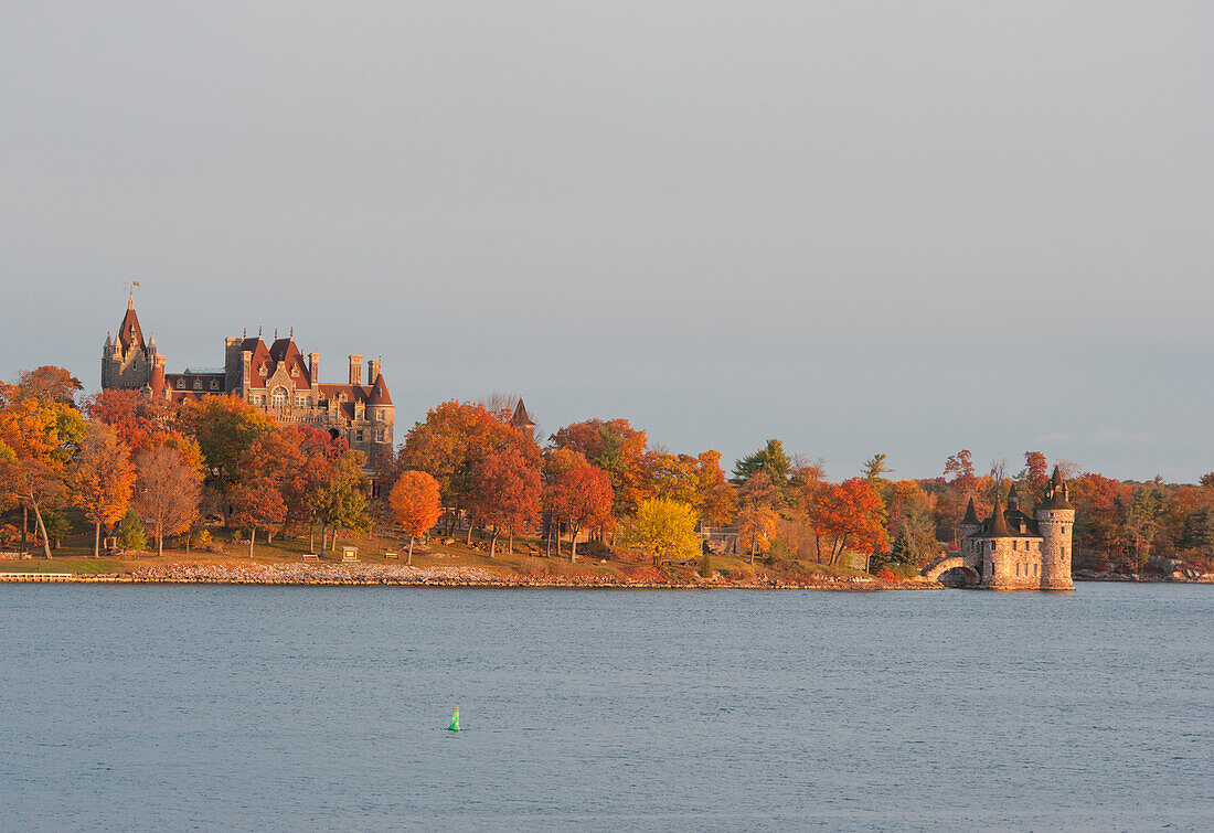 Boldt Castle on Hart Island at sunrise on the St. Lawrence River, New York State, United States of America, North America