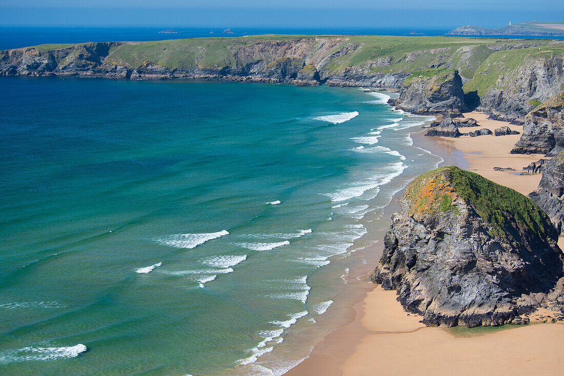 A view of The Bedruthan Steps, Cornwall, England, United Kingdom, Europe