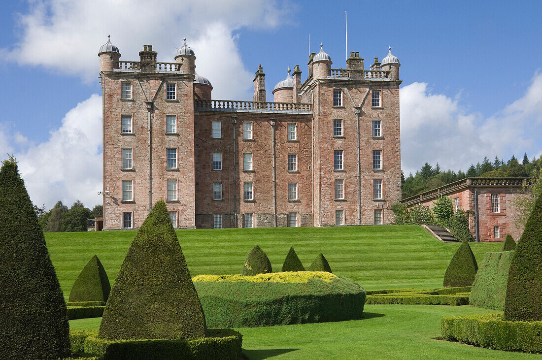 The Topiary Garden, overlooking the Nith Valley, at the 17th century Renaissance Palace (The Pink Palace), built by the 1st Duke of Queensberry, Dumfries and Galloway, Scotland, United Kingdom, Europe