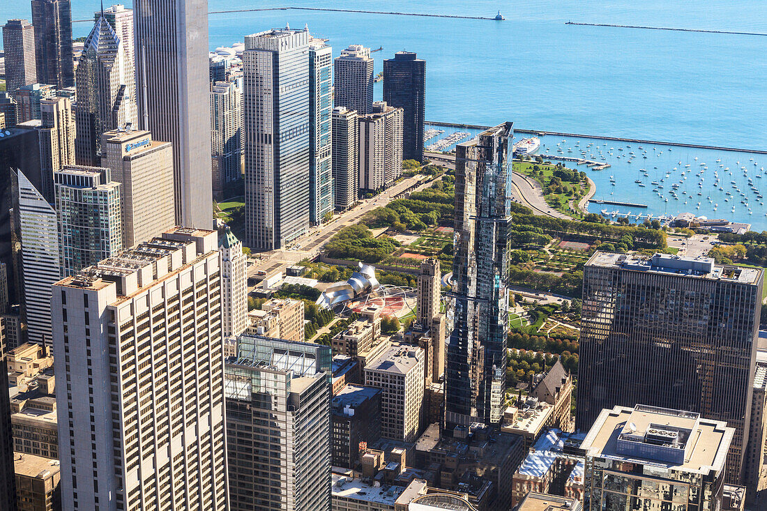 High angle view of Millennium Park and Lake Michigan, Chicago, Illinois