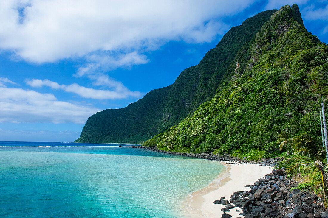 Turquoise water and white sand beach on Ofu Island, Manua Island group, American Samoa, South Pacific, Pacific