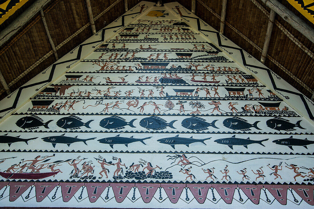 Detail of paintings on the Oldest Bai of Palau, a house for the village chiefs, Island of Babeldoab, Palau, Central Pacific, Pacific