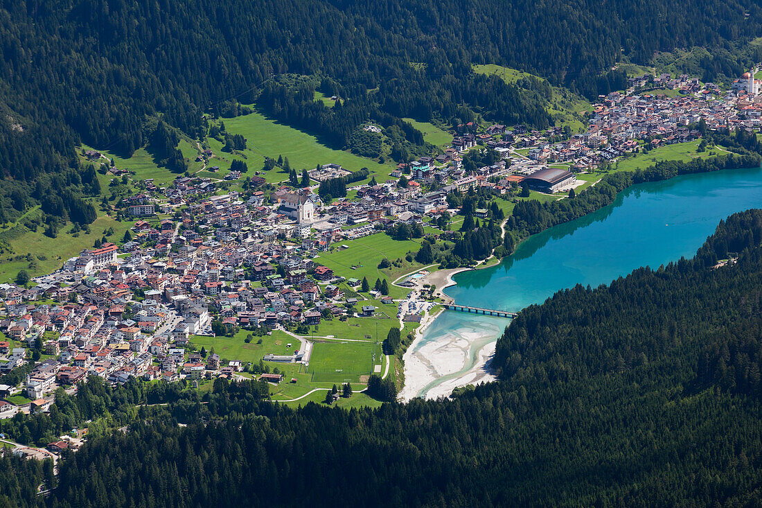 Auronzo village and lake in the Belluno Dolomites, Italy, Europe