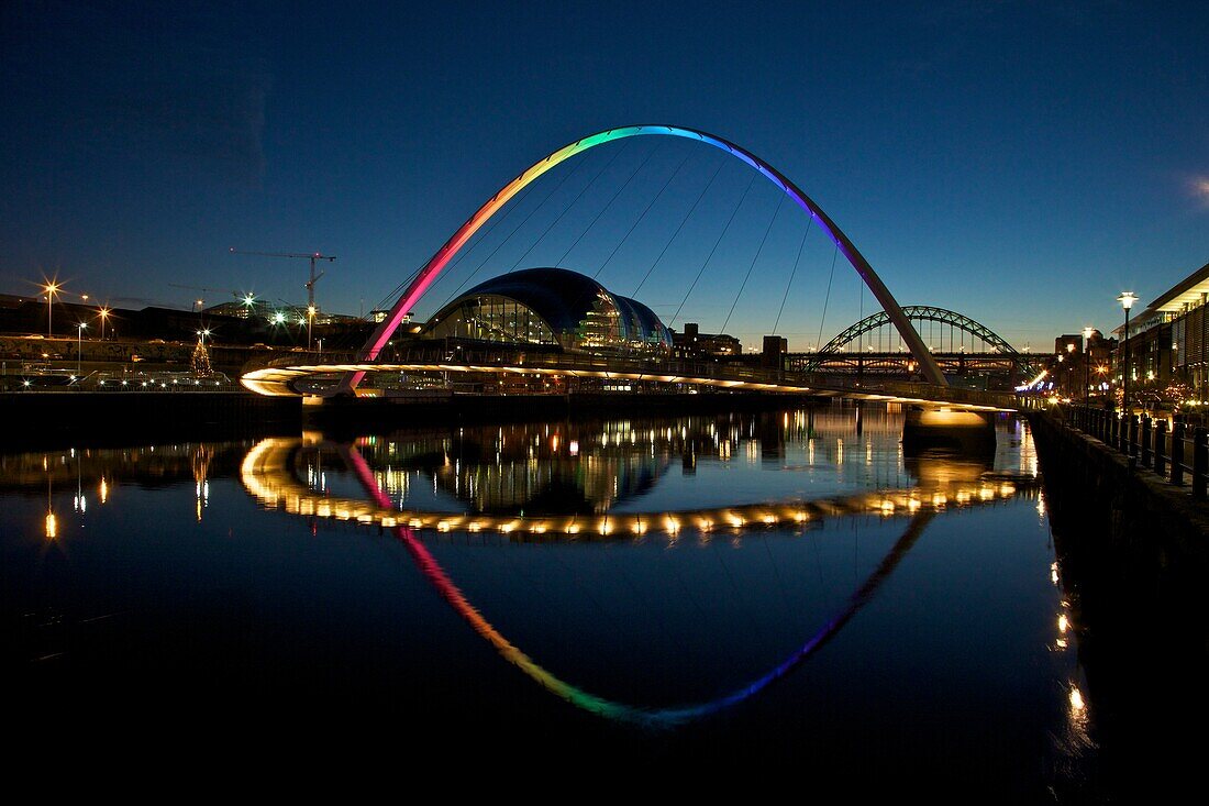 Gateshead Quays with Sage Gateshead and Millennium Bridge at night, Tyne and Wear, England, United Kingdom, Europe