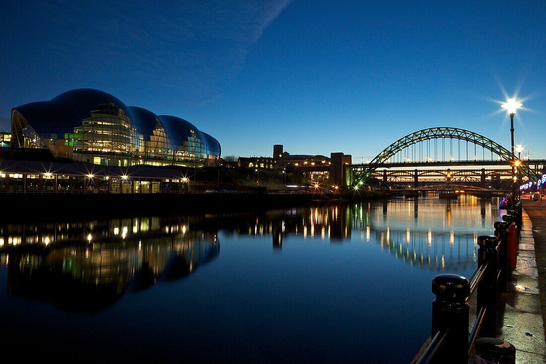 Gateshead Quays with Sage Gateshead and Tyne Bridge at night, Tyne and Wear, England, United Kingdom, Europe