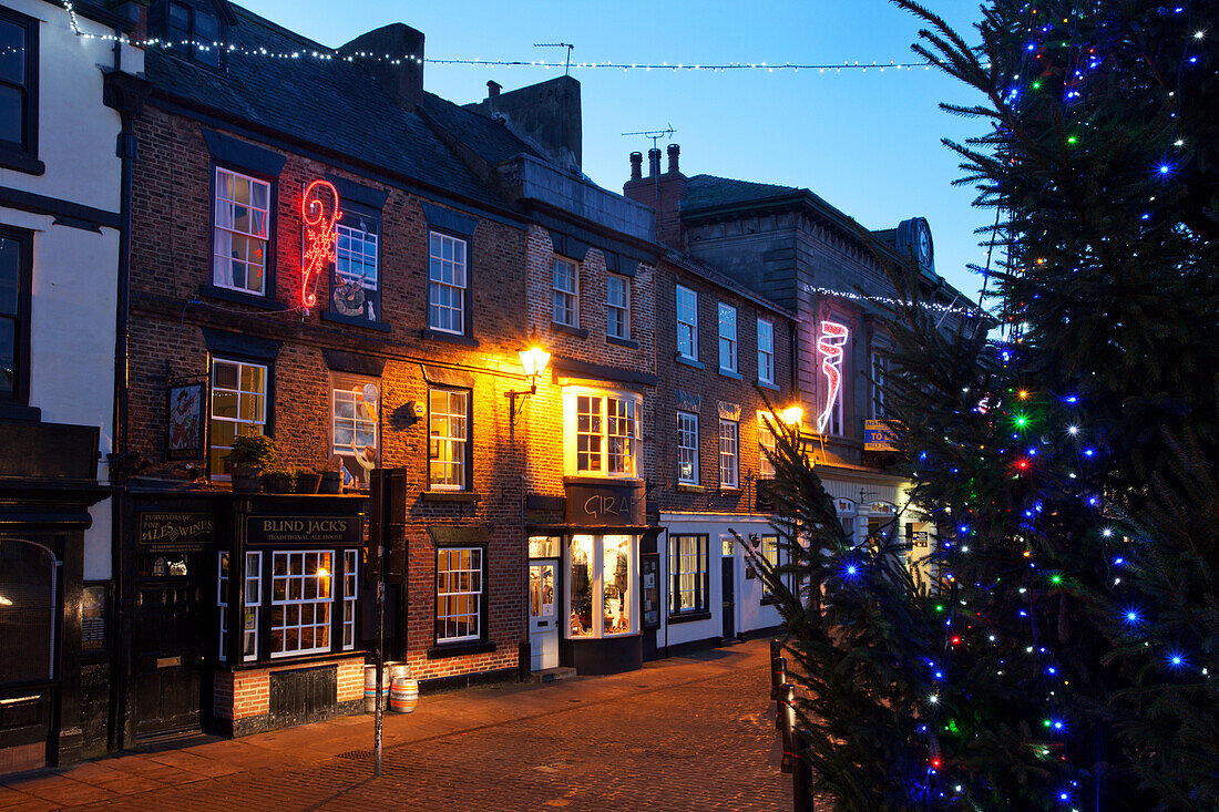 Christmas tree and Market Place at dusk, Knaresborough, North Yorkshire, Yorkshire, England, United Kingdom, Europe