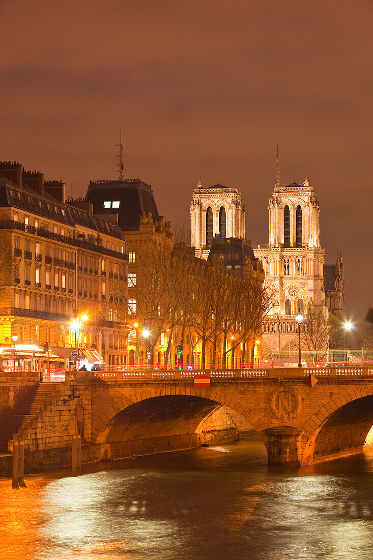 The Ile de la Cite and Notre Dame cathedral at night, Paris, France, Europe