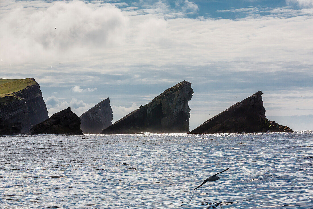 Rock formation known as Gada's Stack on Foula Island, Shetlands, Scotland, United Kingdom, Europe