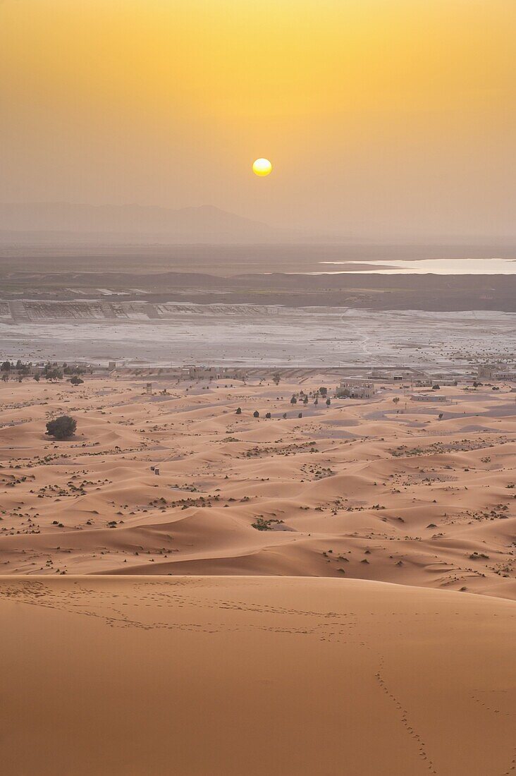 Erg Chebbi Sahara Desert sunset from the top of a 150m sand dune, near Merzouga, Morocco, North Africa, Africa