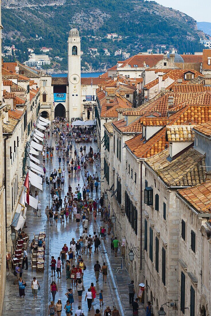 Dubrovnik City Bell Tower and Stradun, from Dubrovnik City Walls, UNESCO World Heritage Site, Dubrovnik, Dalmatian Coast, Croatia, Europe