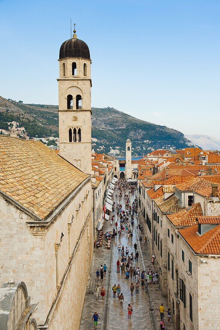 Dubrovnik Old Town, Stradun, Franciscan Monastery and City Bell Tower from Dubrovnik City Walls, UNESCO World Heritage Site, Dubrovnik, Dalmatian Coast, Croatia, Europe