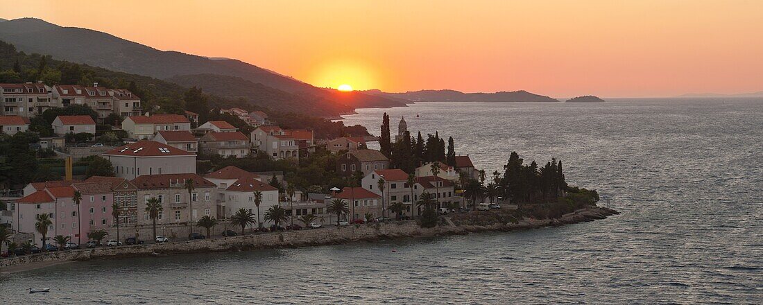 Korcula Town at sunset, elevated view from St. Marks Cathedral bell tower, Korcula Island, Dalmatian Coast, Adriatic, Croatia, Europe