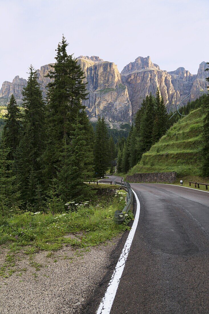 Mountain road and the Sassolungo mountains in the Dolomites near Canazei, Trentino-Alto Adige, Italy, Europe