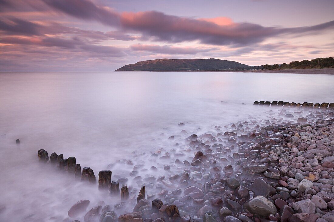 Sunset over Porlock Beach, Exmoor National Park, Somerset, England, United Kingdom, Europe