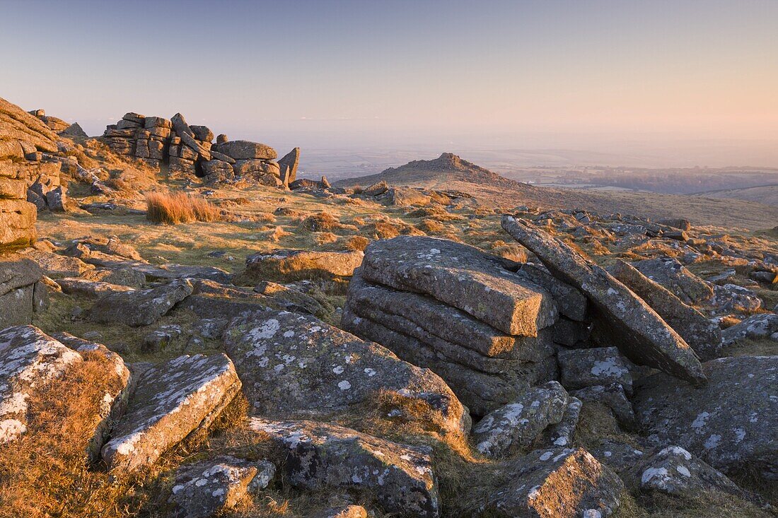 Broken granite rocks on Belstone Common at dawn, Dartmoor National Park, Devon, England, United Kingdom, Europe