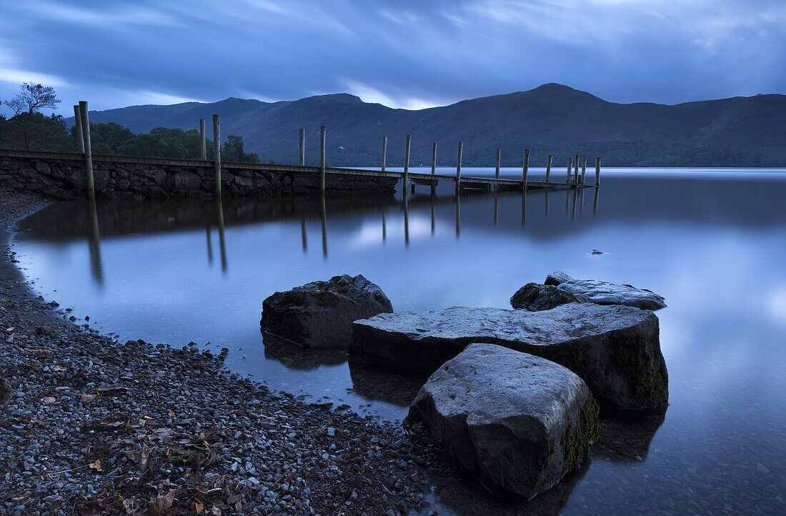Twilight on the shores of Derwent Water near Ashness Jetty, Lake District National Park, Cumbria, England, United Kingdom, Europe