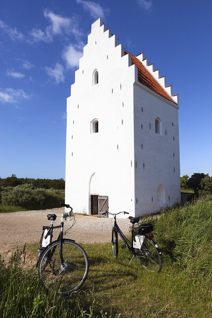 Tower of Den Tilsandede Kirke (Buried Church) buried by sand drifts, Skagen, Jutland, Denmark, Europe