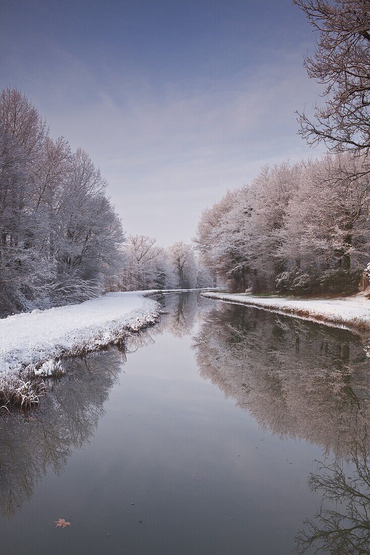 The Canal de Berry after a snow shower, Loir-et-Cher, Centre, France, Europe