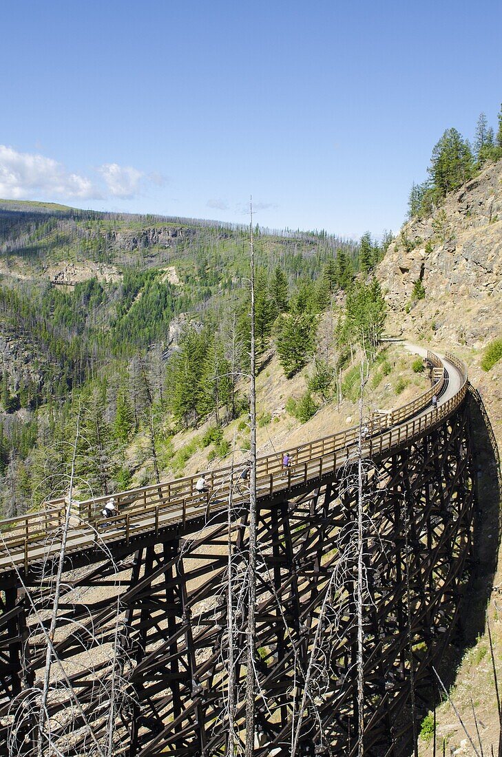 Biking the old railway trestles in the Myra Canyon, Kelowna, British Columbia, Canada, North America