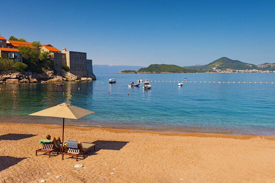 Hotel beach, Sveti Stefan, now Aman Sveti Stefan Hotel, Montenegro, Europe