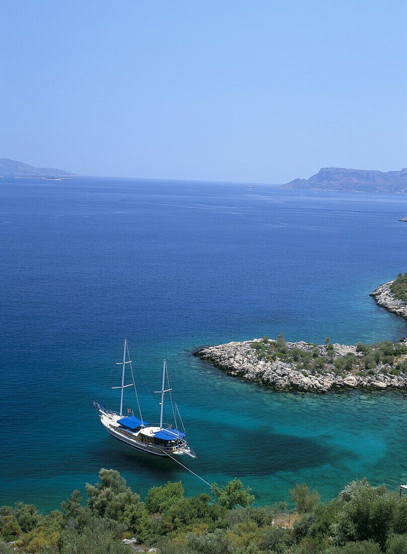 Gulet in a bay near Kas, south coast, Anatolia, Turkey, Asia Minor, Asia