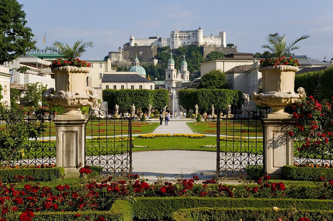 Mirabell Gardens and Schloss Hohensalzburg, Salzburg, Austria, Europe
