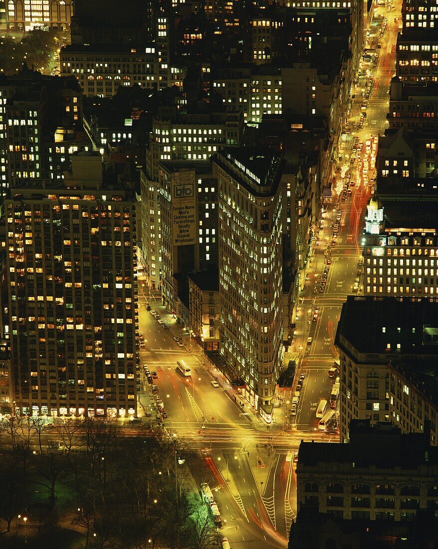 The Flat Iron Building and Broadway illuminated at night, viewed from the Empire State Building, Manhattan, New York City, United States of America, North America