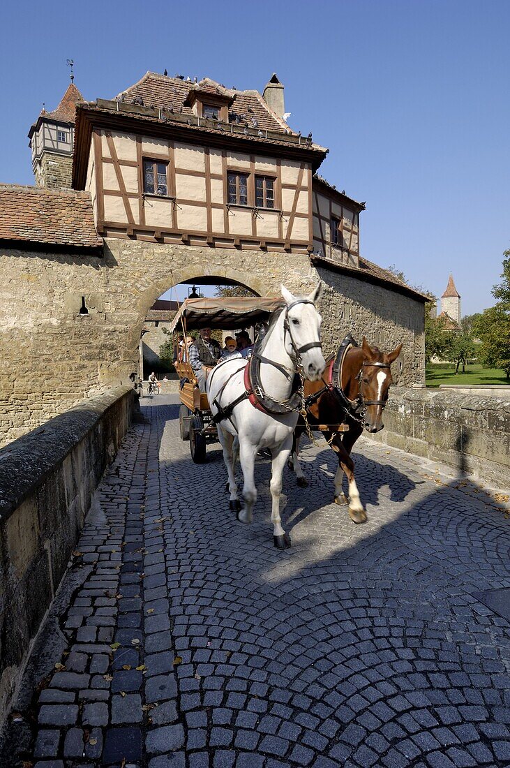 Tourist horse and carriage passing through the Rodertor (Roder Gate), gate in the city walls, Rothenburg ob der Tauber, Bavaria (Bayern), Germany, Europe